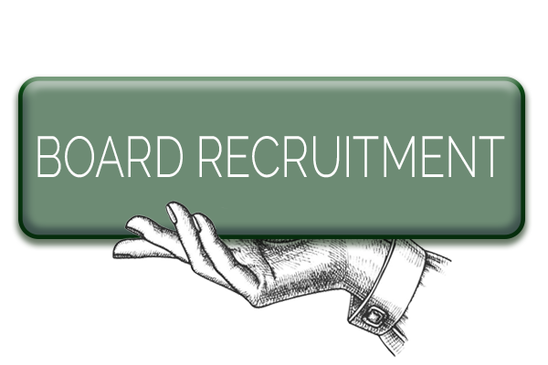 Hand drawing holding a button that reads, "Board Recruitment"