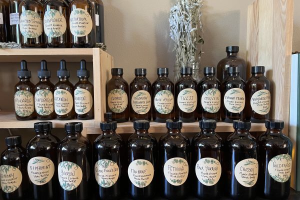 Flower essence bottles on a shelf