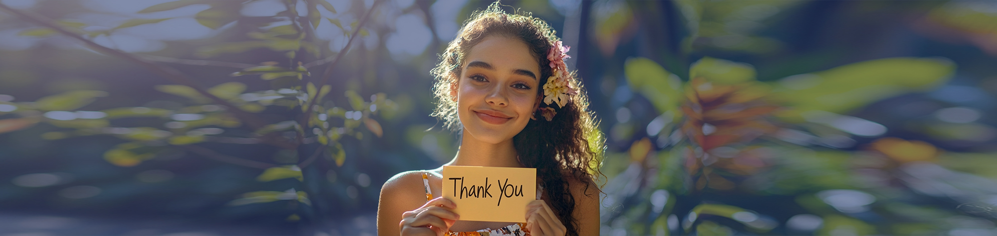 A young woman with flowers in her hair smiles while holding a 'Thank You' card outdoors.