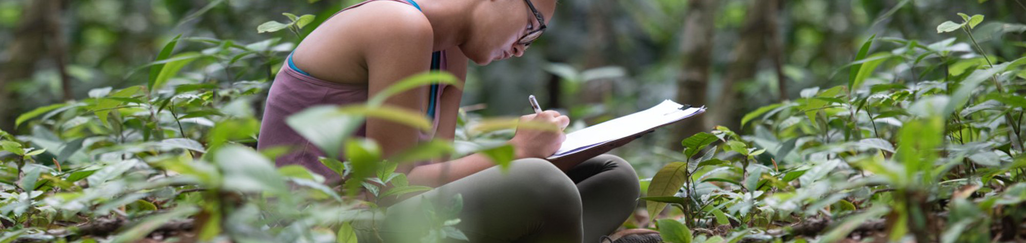 Girl sitting in forest taking notes in a notebook